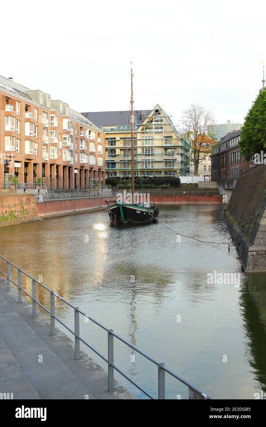 GERMANY, DÜSSELDORF, APRIL 26, 2018: Old fishing cutter Dü1 in the old port of Düsseldorf Stock Photo