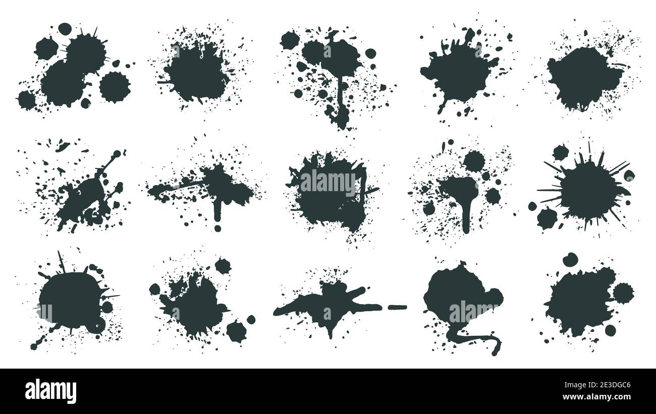 Ink drops. Paint splash, grunge liquid drop splashes, abstract artistic ink splatter. Black ink splashes vector illustration set Stock Vector