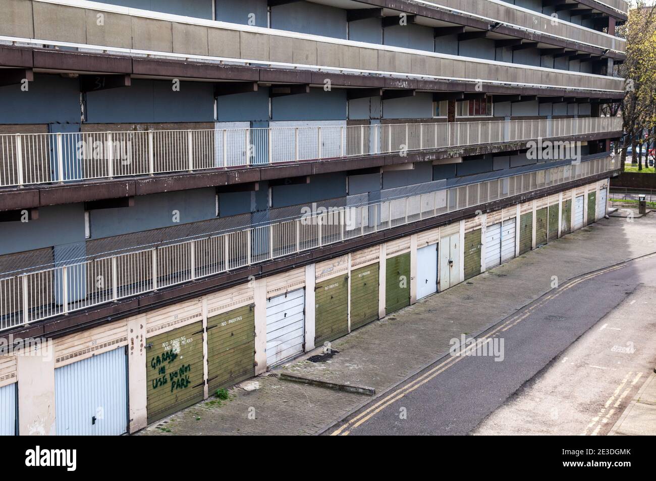 Flats are boarded up in Claydon House, a high rise Corbusian slab block of council flats, ahead of demolition and regeneration of the Heygate Estate i Stock Photo