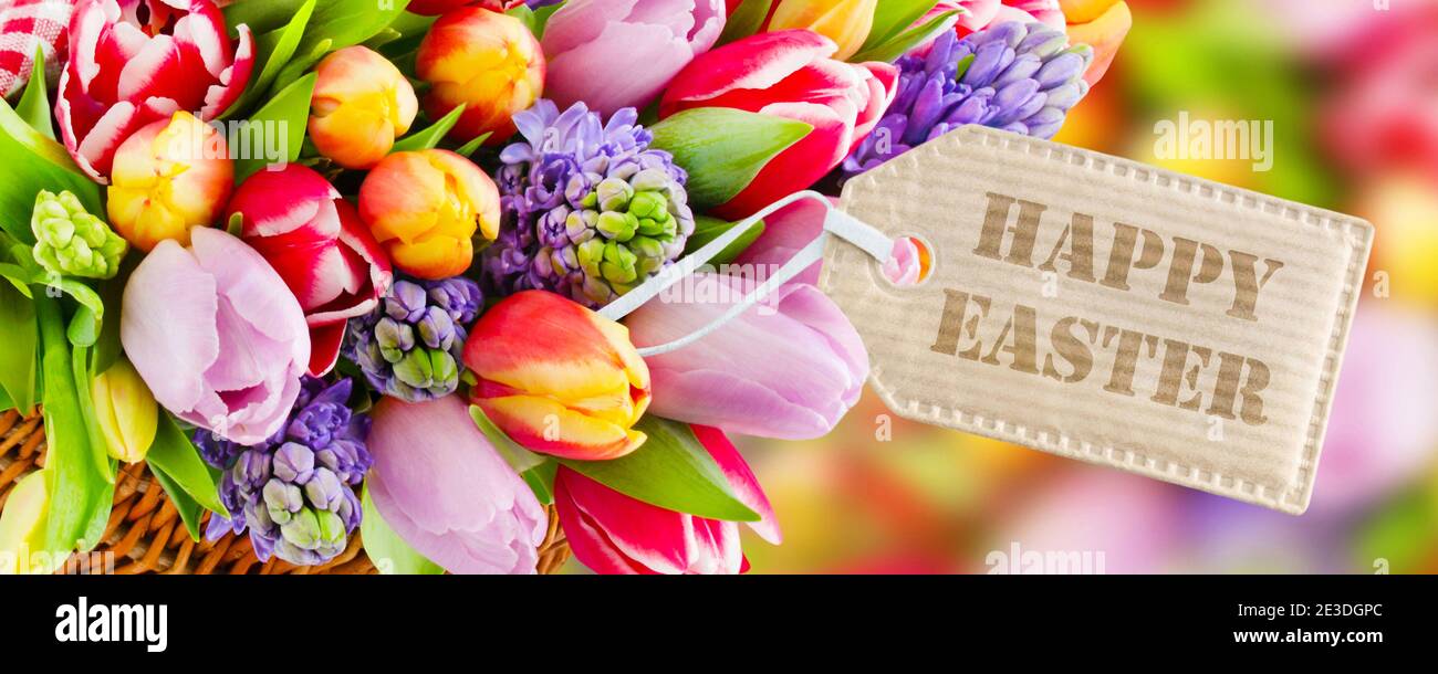 Springtime Flowers and Happy Easter Label Stock Photo
