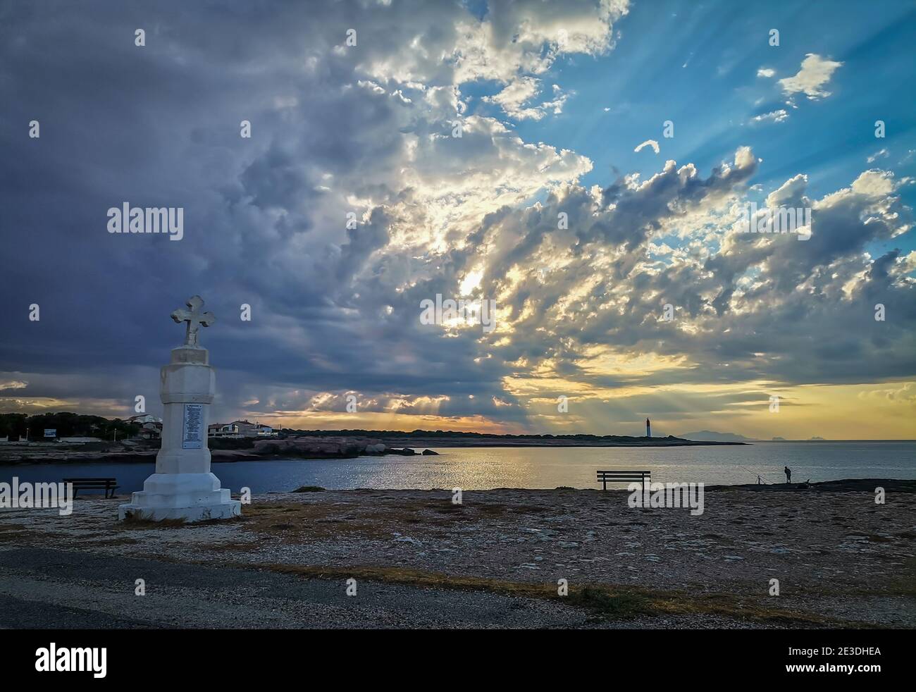 Carro, France, Sept 2020, view of a religious monument at sunset by the Mediterranean Sea Stock Photo