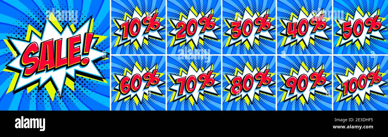 Big Blue sale set. Sale inscription and all percent numbers. Blue and red  colors. Pop-art comics style web banners, flash animation, stickers, tags  Stock Vector Image & Art - Alamy