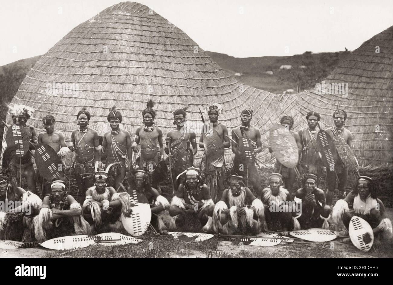 19th century vintage photograph group of Zulu warriors in war dress, South Africa Stock Photo