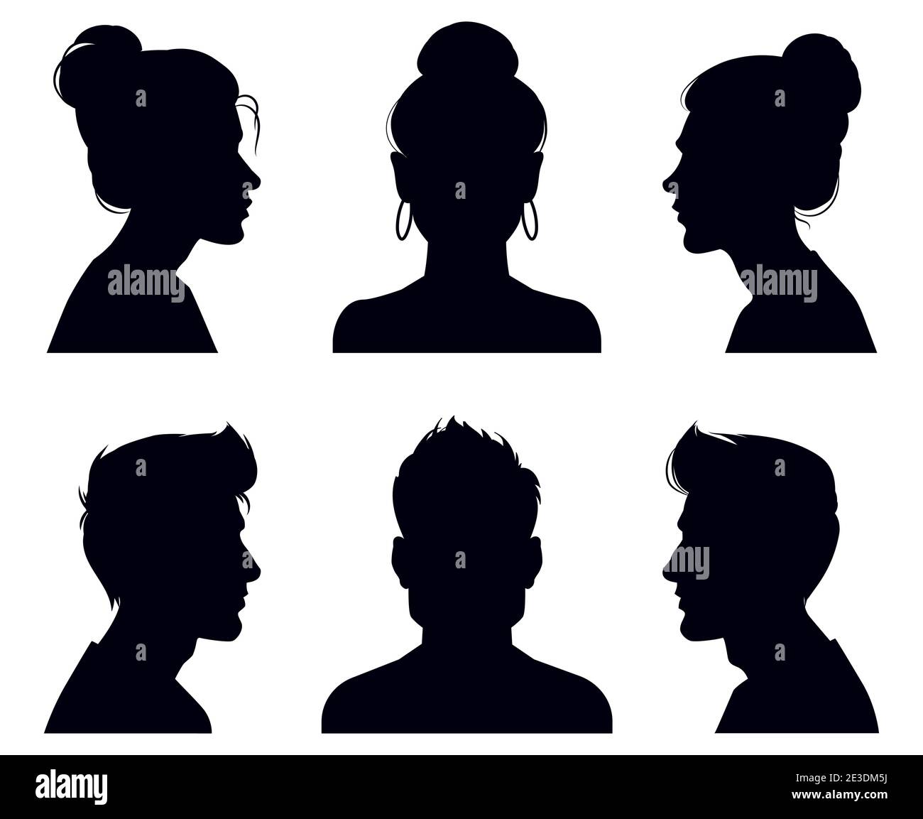 Male and female head silhouettes. People profile and full face portraits, anonymous shadow portraits vector illustration set. Adult people face Stock Vector