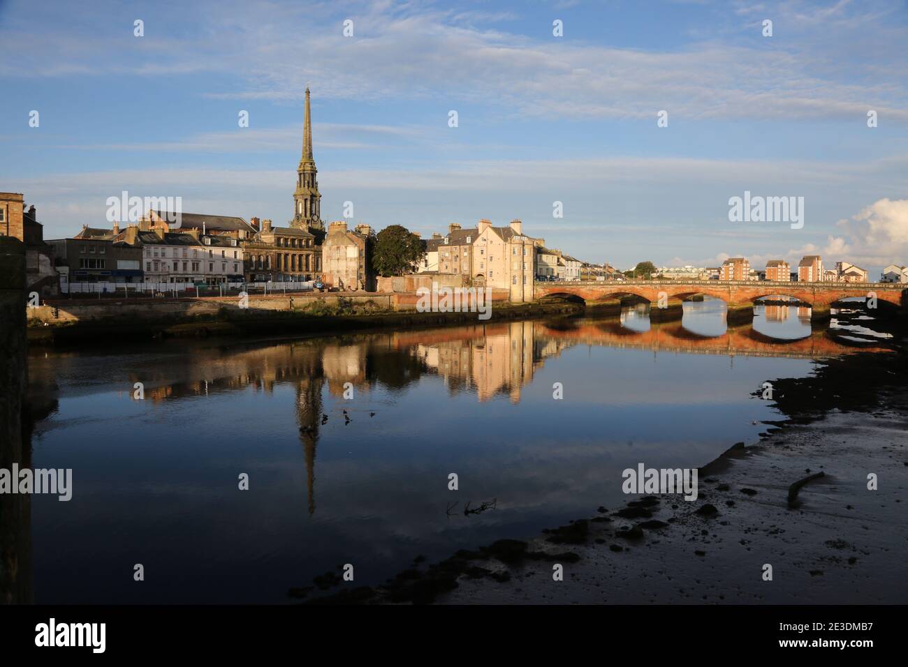 Ayr, Ayrshire, Scotland, UK, 19 Sept 2017. View from the Auld Brig across the River Ayr toward a gap site on the high street where the former Woolworths and other properties have been demolished Stock Photo