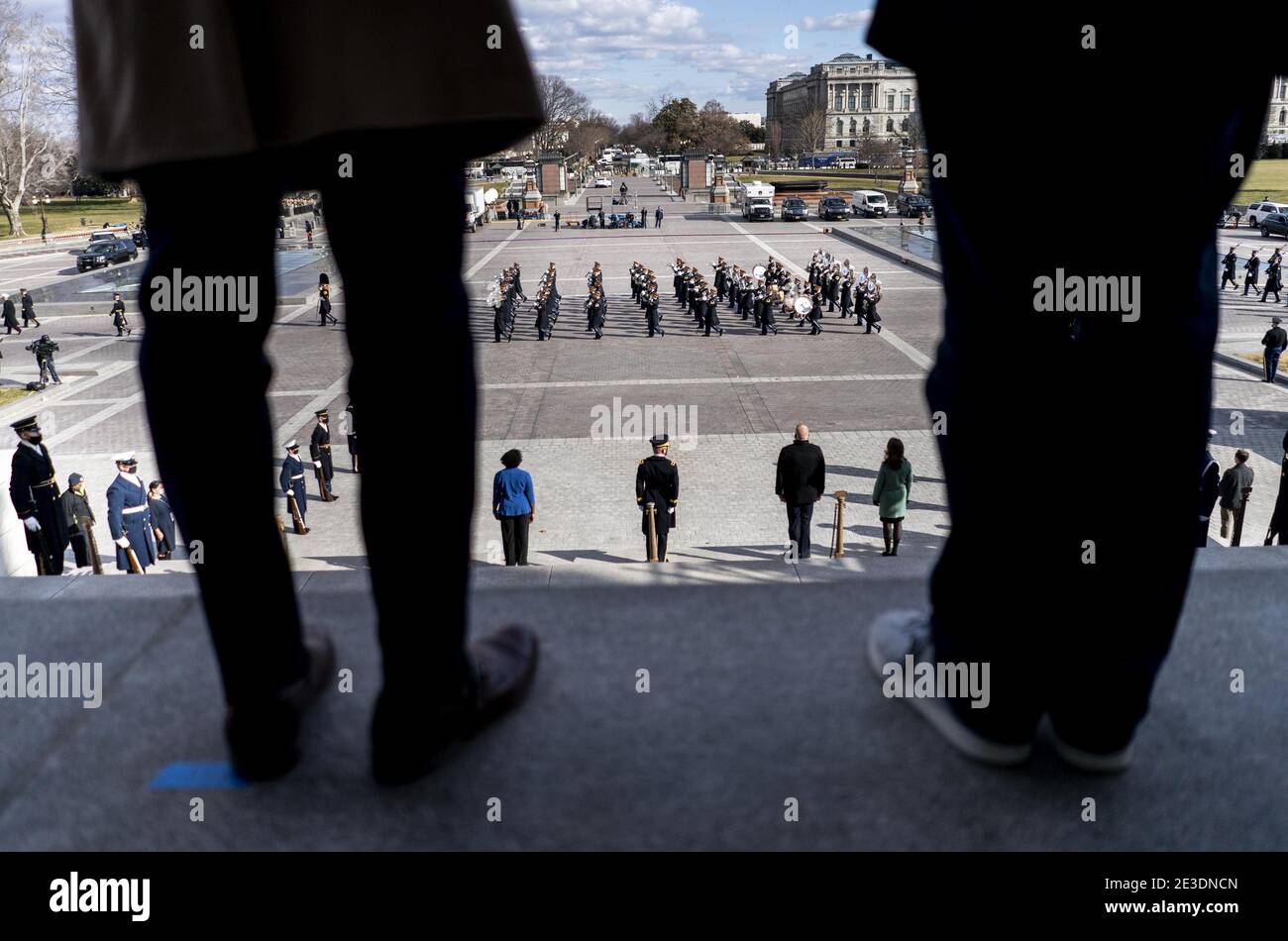 Washington, United States. 18th Jan, 2021. On the East Front steps of the US Capitol, lined by Honor Guard during Pass and Review, lawmakers' staff and Sergeant at Arms staff run through the movements during rehearsal for Wednesday's 59th Inauguration Ceremonies on Capitol Hill in Washington, DC Monday January 18, 2021. Pool Photo by Melina Mara/UPI Credit: UPI/Alamy Live News Stock Photo