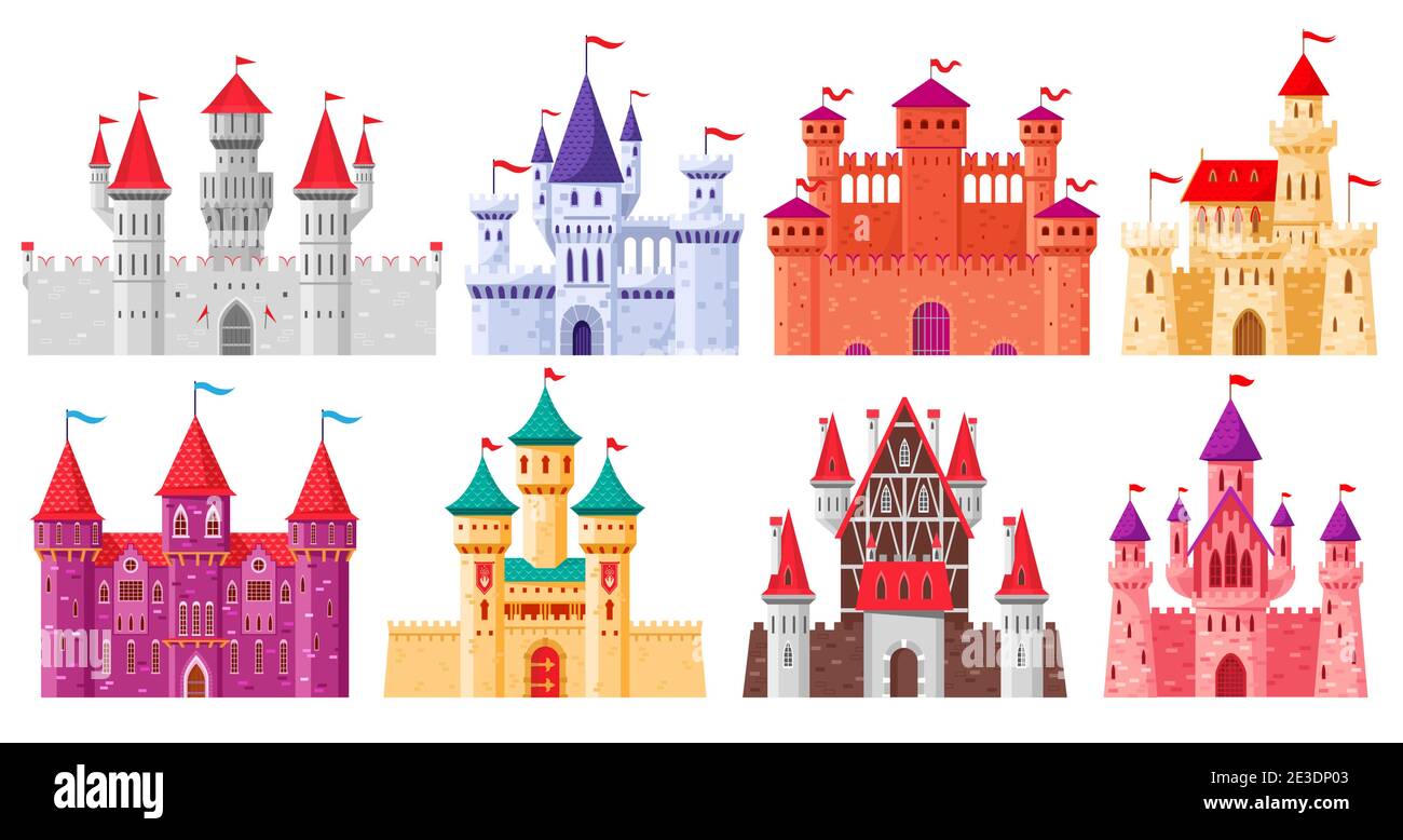 Cartoon medieval castles. Fairytale medieval towers, historical royal kingdom castles. Ancient fortress castles cartoon vector illustration set Stock Vector
