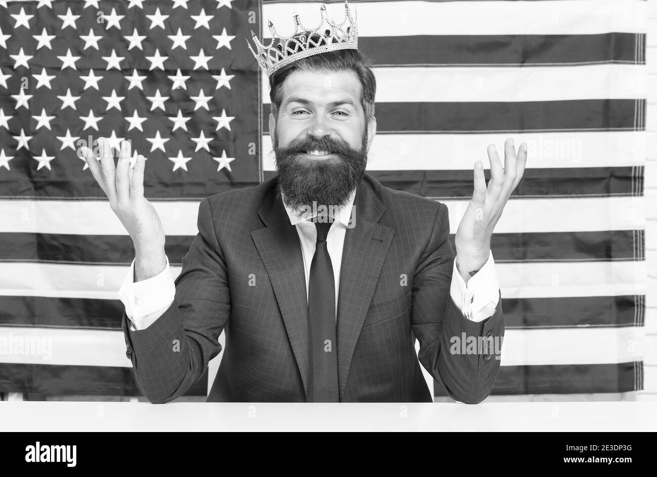 cheerful country leader. selfish male in suit wear crown. victory and freedom. Fourth Of July US Independence Day. Statue of Liberty. bearded man usa parliament representative. Patriotic spirit. Stock Photo