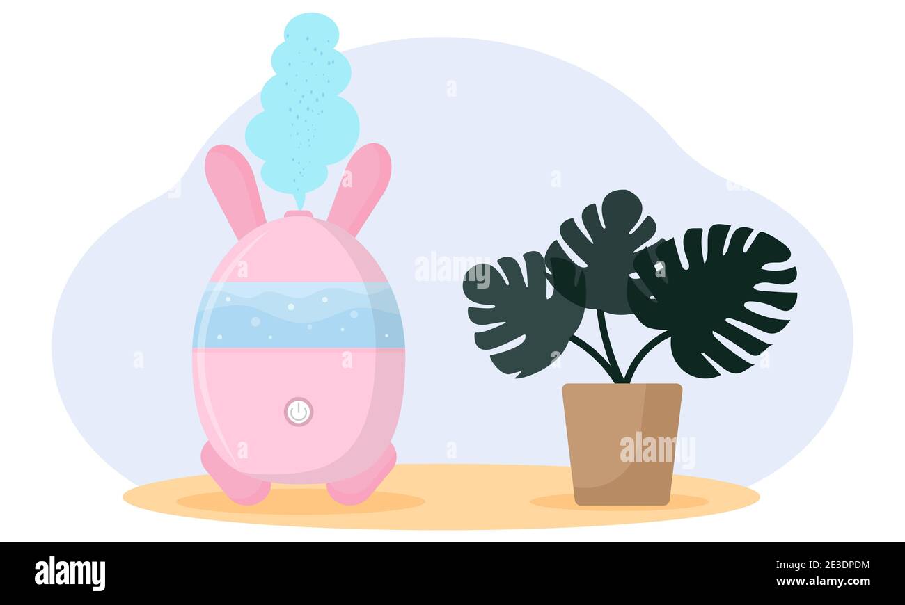 Trendy composition humidifier with house monstera plant. Humidifier in the shape of a rabbit and steam jet. Electronic device for wetting indoor air. Stock Photo