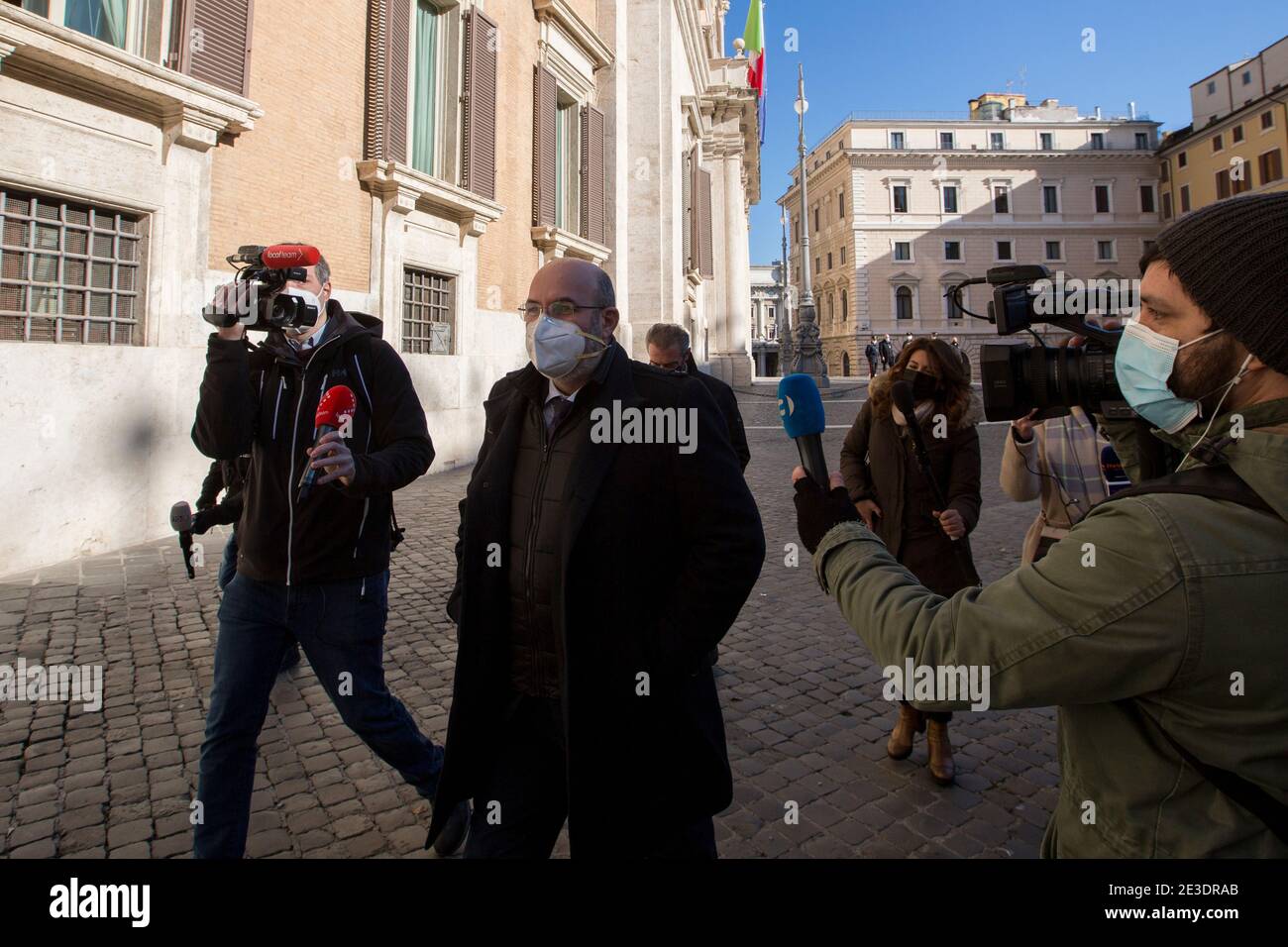 Rome Italy , January 18th 2021 Vito Crimi MP (Leader of Movimento 5 Stelle - 5 Star Movement).  Rome, 18/01/2021. Italian Members of Parliament outside the Chamber of Deputies (Italian Parliament lower house) while the Italian Prime Minister, Giuseppe Conte, asks the Chamber a vote of confidence to save the Italian Government after the defection of the two Cabinet ministers belonging to the tiny party, Italia Viva (Italy Alive), led by former Italian Prime Minister Matteo Renzi. Stock Photo