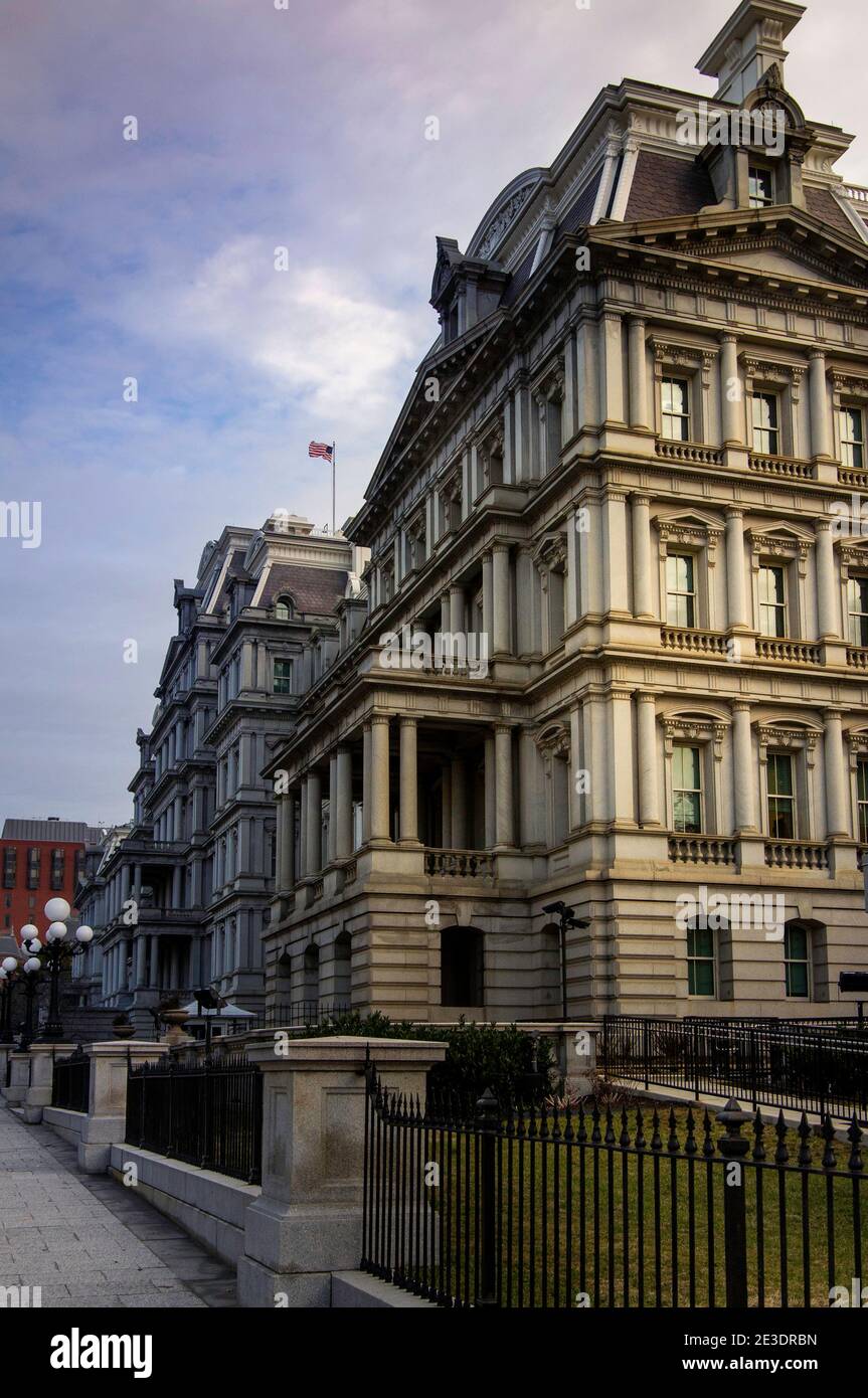 Washington DC—Feb 7, 2021; Sunrise on Eisenhower Executive Office Building, originally built for State, War and Navy Departments in 1888 and now house Stock Photo