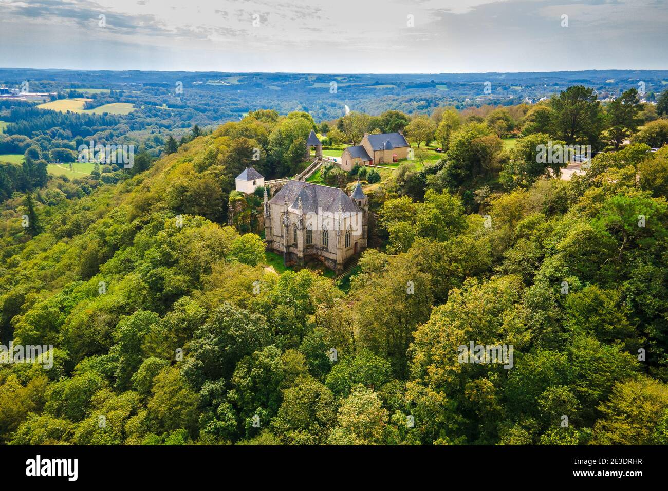 Aerial view of the old Sainte Barbe chapel lost in the forest, Morbihan
