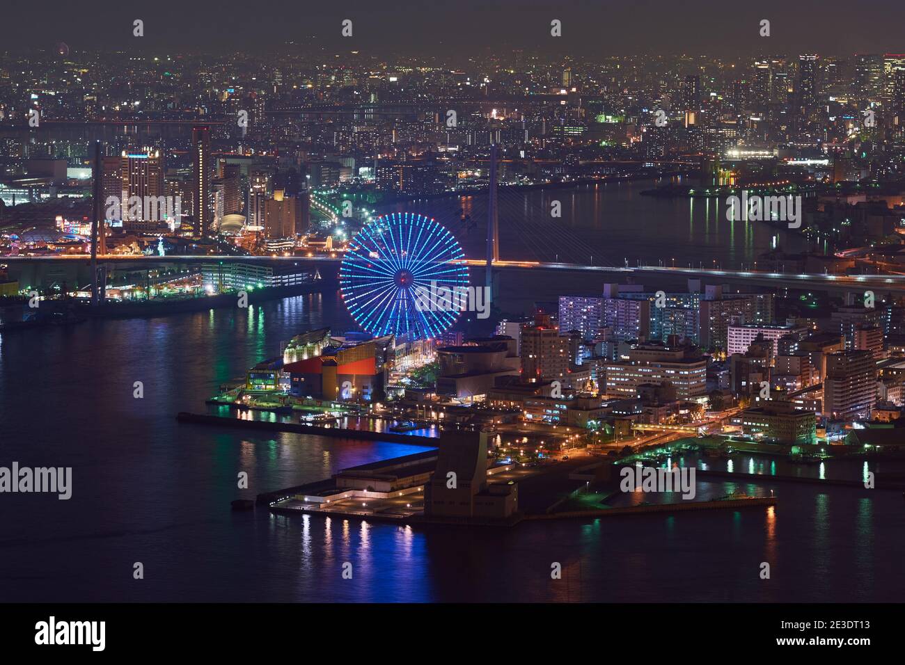 Osaka, Japan - November 10, 2017: Areal view of Osaka port area and Osaka night cityscape, view from Cosmo Tower in Osaka, Japan Stock Photo