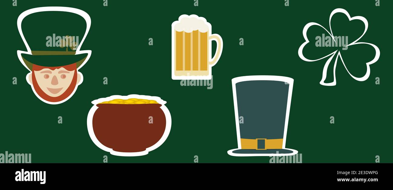St Patrick's Day. Symbols. Green clover and red leprechaun. Pot of coins and mug of beer. Isolated vector illustration on green background. Stock Vector