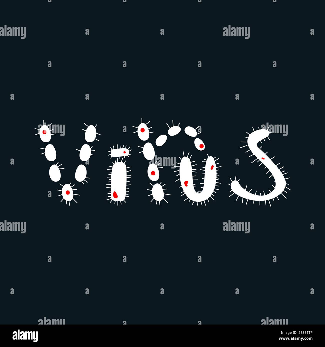 White word Virus in doodle style on dark blue background. Medical concept. Stock Vector