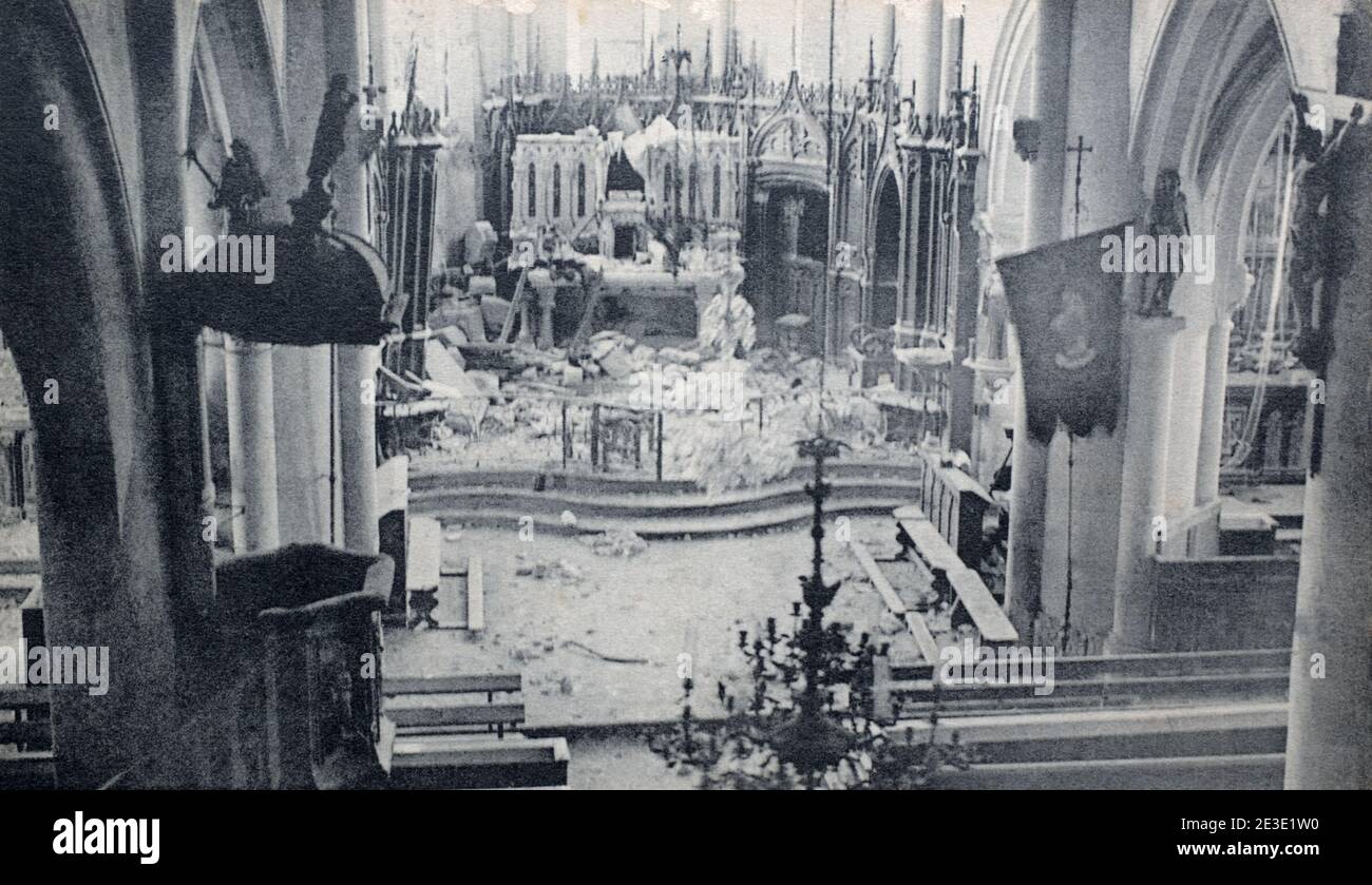 A historical view of the damaged interior of the church in Momeny. France. Taken from a postcard c. 1914-1915. Stock Photo