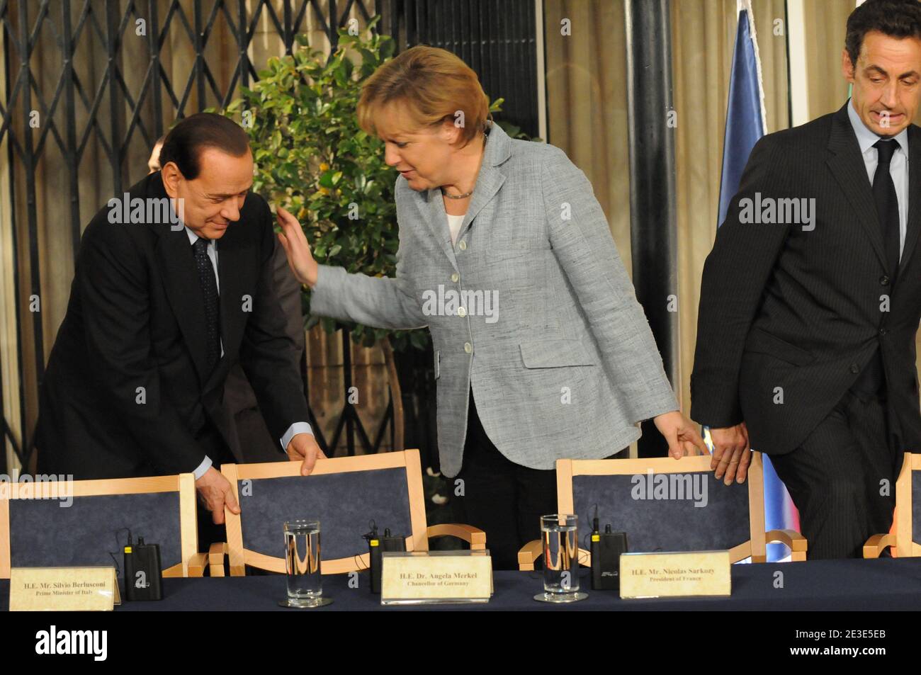 (R-L) French President Nicolas Sarkozy, German Chancellor Angela Merkel and Italian Prime Minister Silvio Berlusconi seen during a joint press conference at the residence of Israeli Prime Minister Ehud Olmert in Jerusalem, Israel on January 18, 2009. Photo by Ammar Abd Rabbo/ABACAPRESS.COM Stock Photo