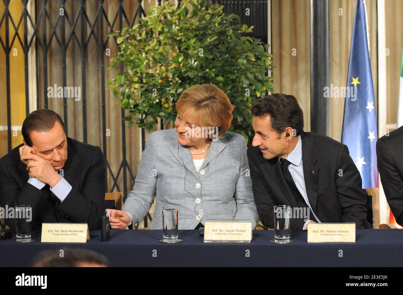 (R-L) French President Nicolas Sarkozy and German Chancellor Angela Merkel and Italian Prime Minister Silvio Berlusconi seen during a joint press conference with other European leaders at the residence of Israeli Prime Minister Ehud Olmert in Jerusalem, Israel on January 18, 2009. Photo by Ammar Abd Rabbo/ABACAPRESS.COM Stock Photo