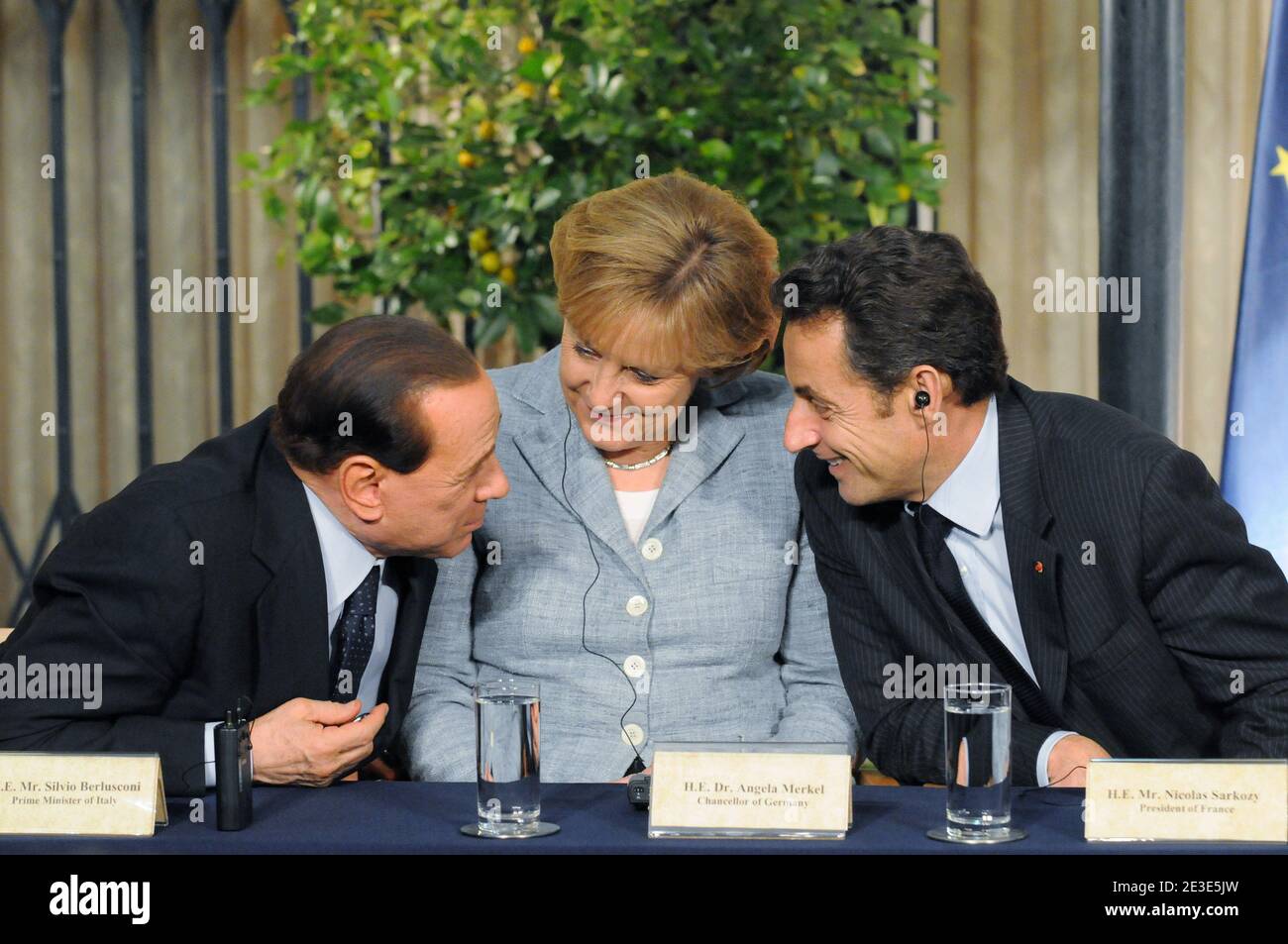 (R-L) French President Nicolas Sarkozy and German Chancellor Angela Merkel and Italian Prime Minister Silvio Berlusconi seen during a joint press conference with other European leaders at the residence of Israeli Prime Minister Ehud Olmert in Jerusalem, Israel on January 18, 2009. Photo by Ammar Abd Rabbo/ABACAPRESS.COM Stock Photo
