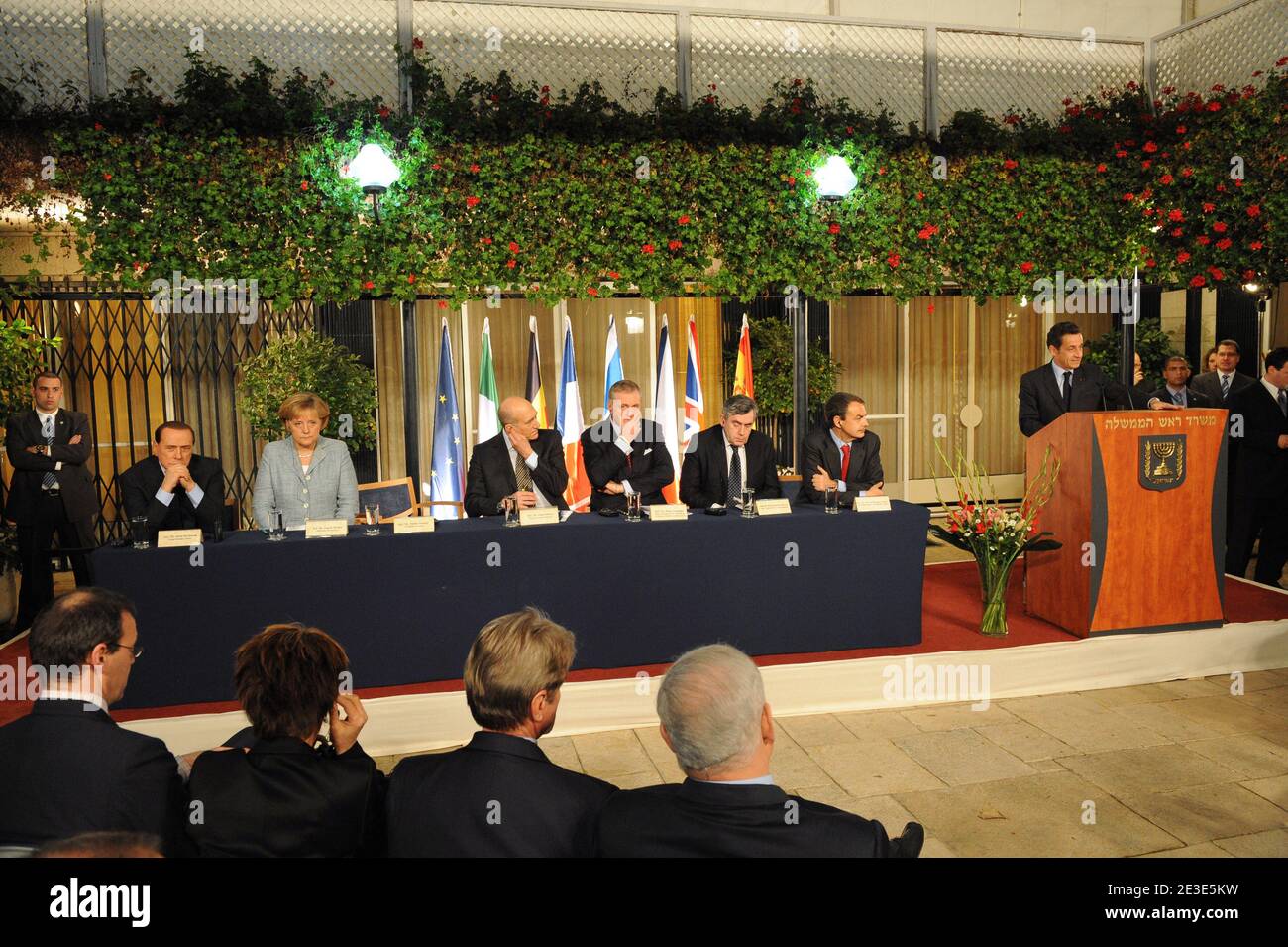 From R : French President Nicolas Sarkozy, Spanish Prime Minister Jose Luis Rodriguez Zapatero, Great Britain's Prime Minister Gordon Brown, Czech Prime Minister Mirek Topolanek, Israeli Prime Minister Ehud Olmert, German Chancellor Angela Merkel and Italian Prime Minister Silvio Berlusconi seen during a joint press conference at the residence of Israeli Prime Minister Ehud Olmert in Jerusalem, Israel on January 18, 2009. Photo by Ammar Abd Rabbo/ABACAPRESS.COM Stock Photo