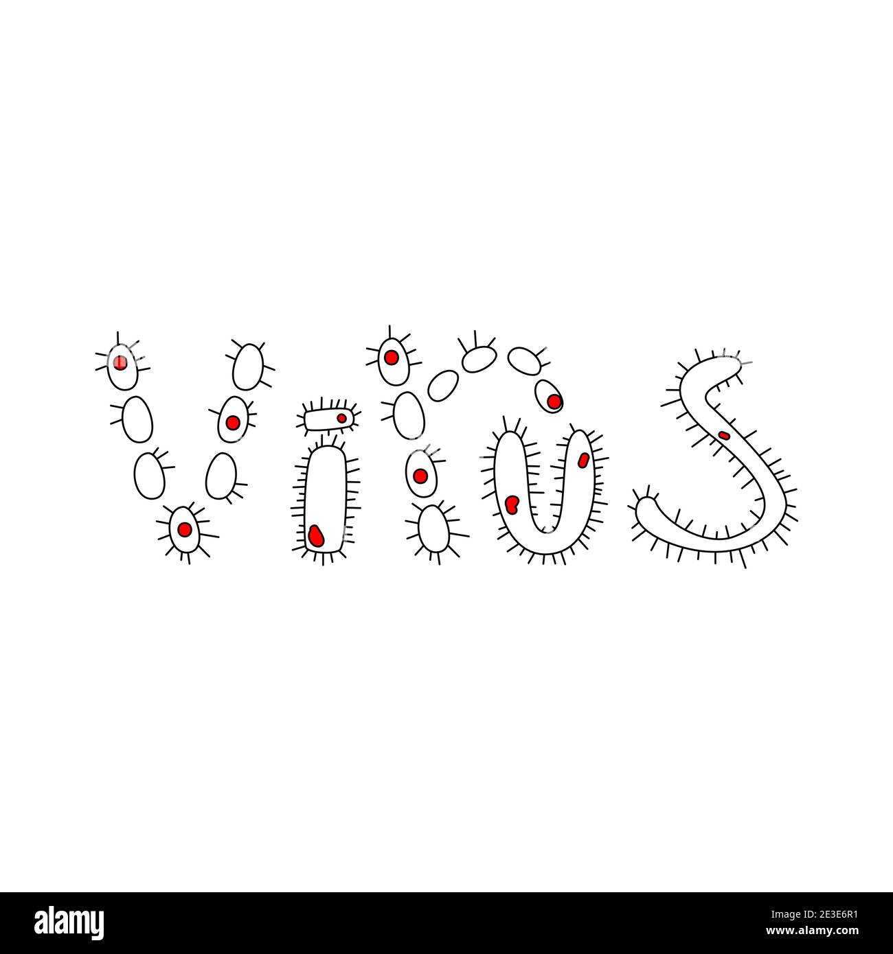 Black white word Virus in doodle style with stroke on white background. Stock Vector