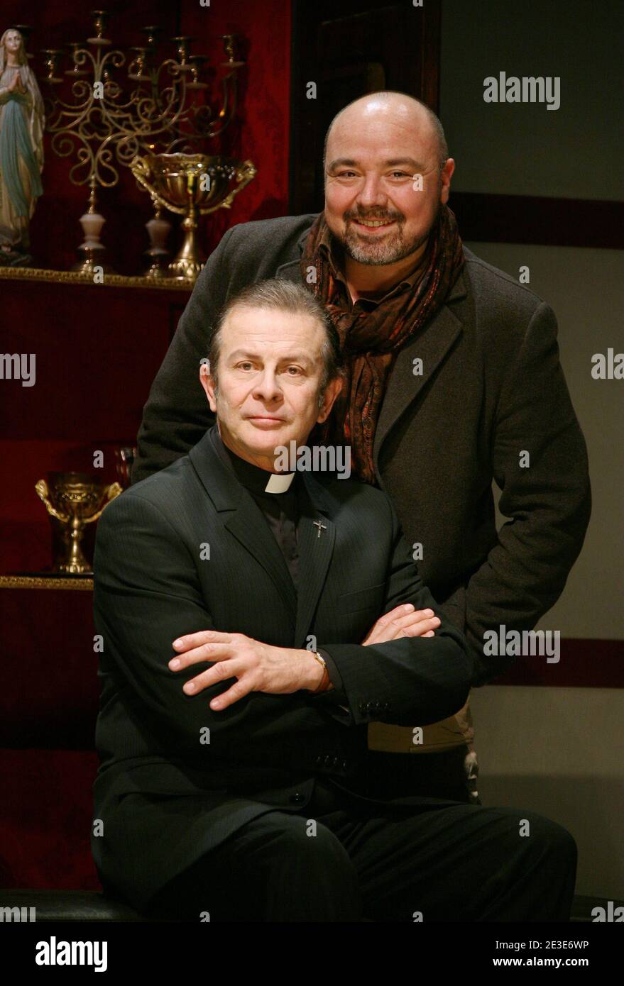 Roland Giraud (foreground) and Director Christophe Lidon during the curtain call 'Bonte Divine,' held at Theatre de la Gaite Montparnasse in Paris, France on January 19, 2009. Photo by Denis Guignebourg/ABACAPRESS.COM Stock Photo