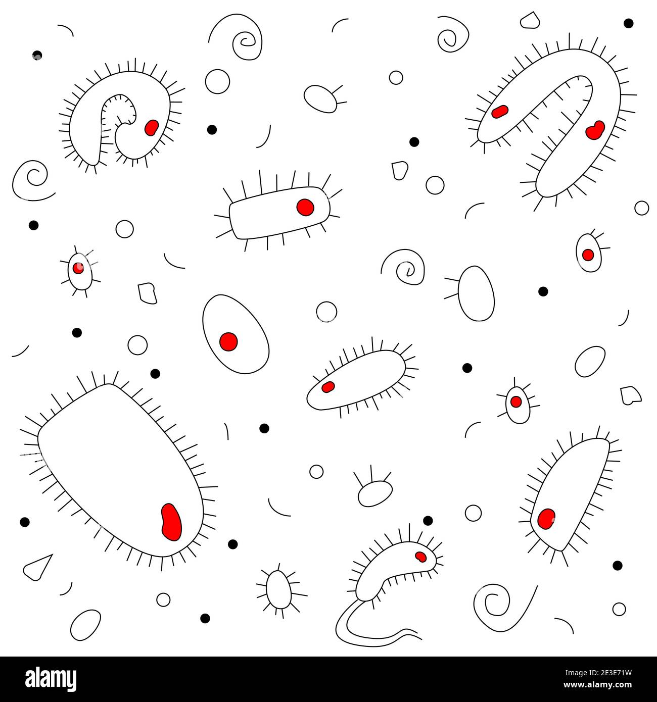Doodle style, handdrawn drawing. Black and white bacteria with a red nucleus on a white background. Stock Vector