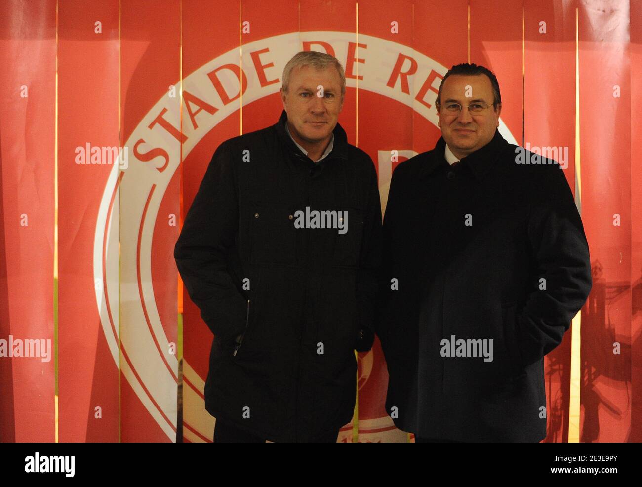 Reims' new coach Luis Fernandez and his president Jean-Pierre Caillot poses  after the Second League Soccer match, Stade de Reims vs Racing Club de  Strasbourg at the Auguste Delaune Stadium in Reims,