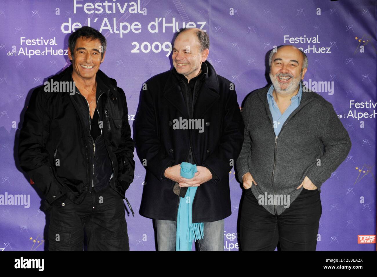 Gerard Lanvin, Jean-Pierre Darroussin and Gerard Jugnot pose during the 12th 'Alpe d'Huez comedy Film Festival' held at l'Alpe d'Huez, France, on January 22, 2009. Photo by Guignebourg-Taamallah/ABACAPRESS.COM Stock Photo