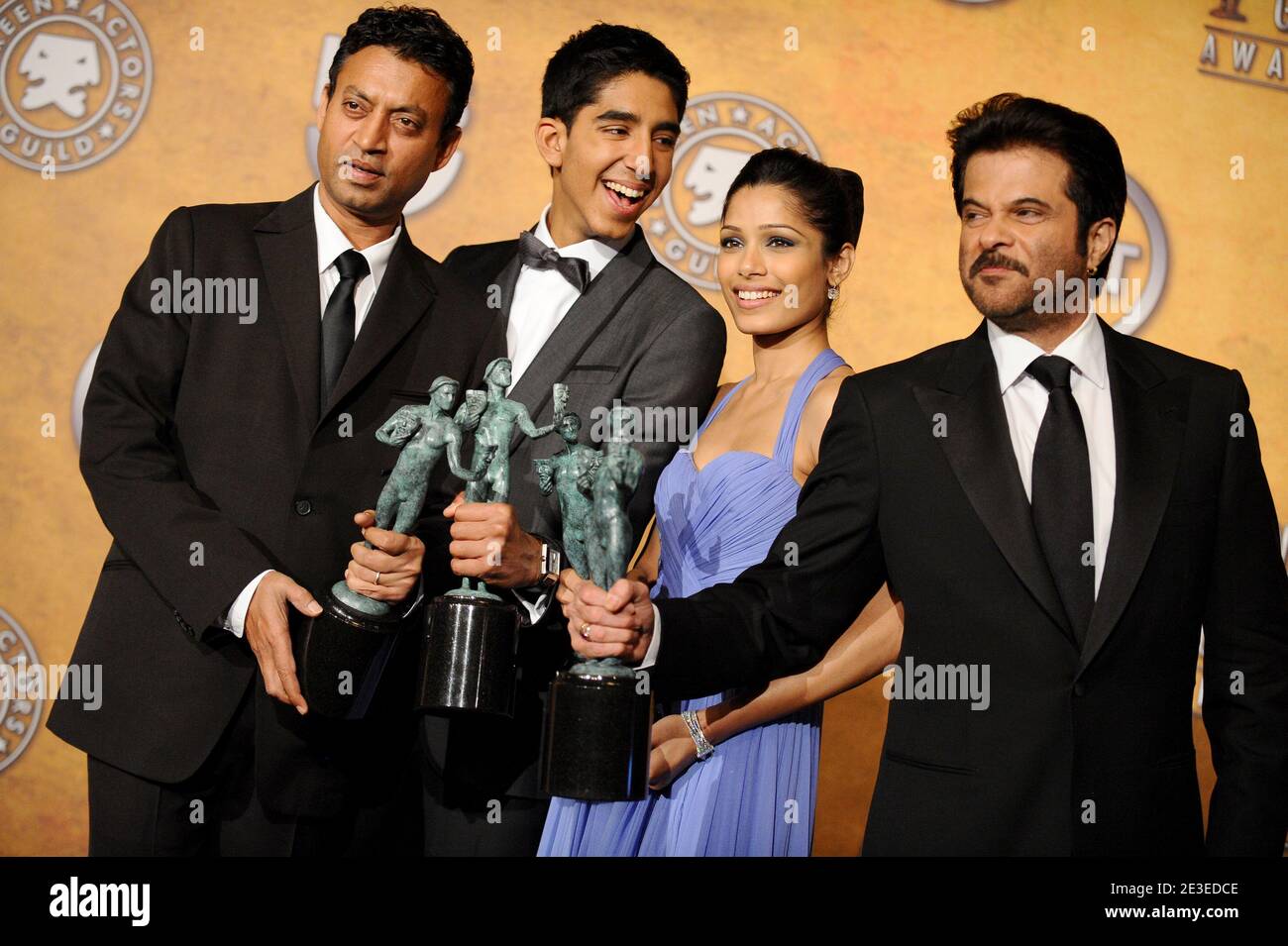 Irrfan Khan, Dev Patel, Freida Pinto, and Anil Kapoor posing in the press room of the 15th Screen Actors Guild Awards held at the Shrine Auditorium in Los Angeles, CA, USA on January 25, 2009. Photo by Lionel Hahn/ABACAPRESS.COM Stock Photo
