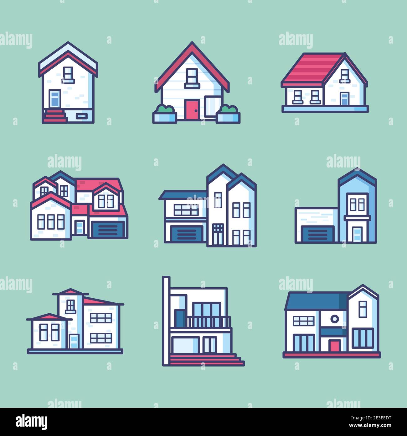House line and fill style set of icons design, Home real estate ...