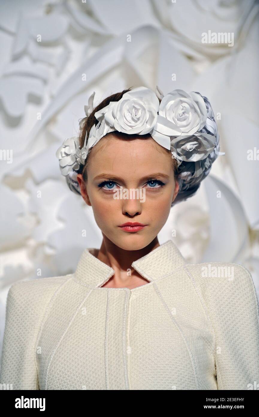 A model displays a creation of German designer Karl Lagerfeld for