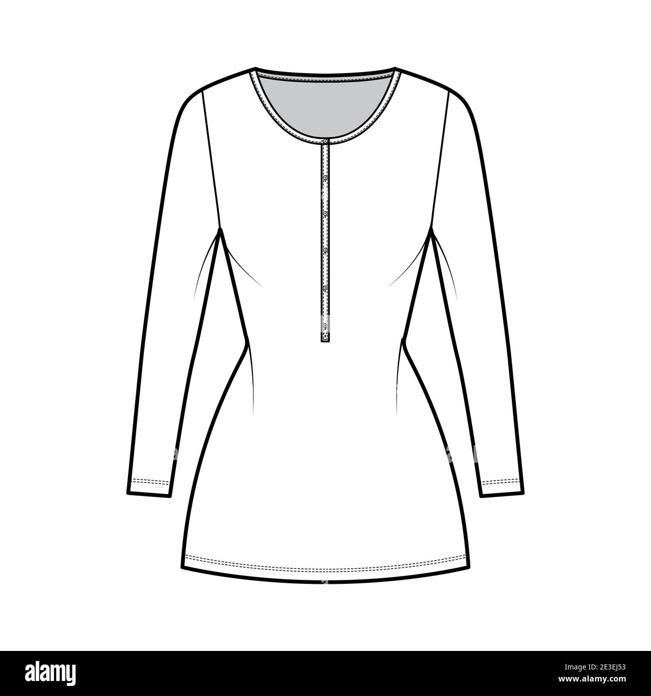 Shirt dress mini technical fashion illustration with henley neck, long sleeves, fitted body, Pencil fullness, stretch jersey. Flat apparel template front, white color. Women, men, unisex CAD mockup Stock Vector