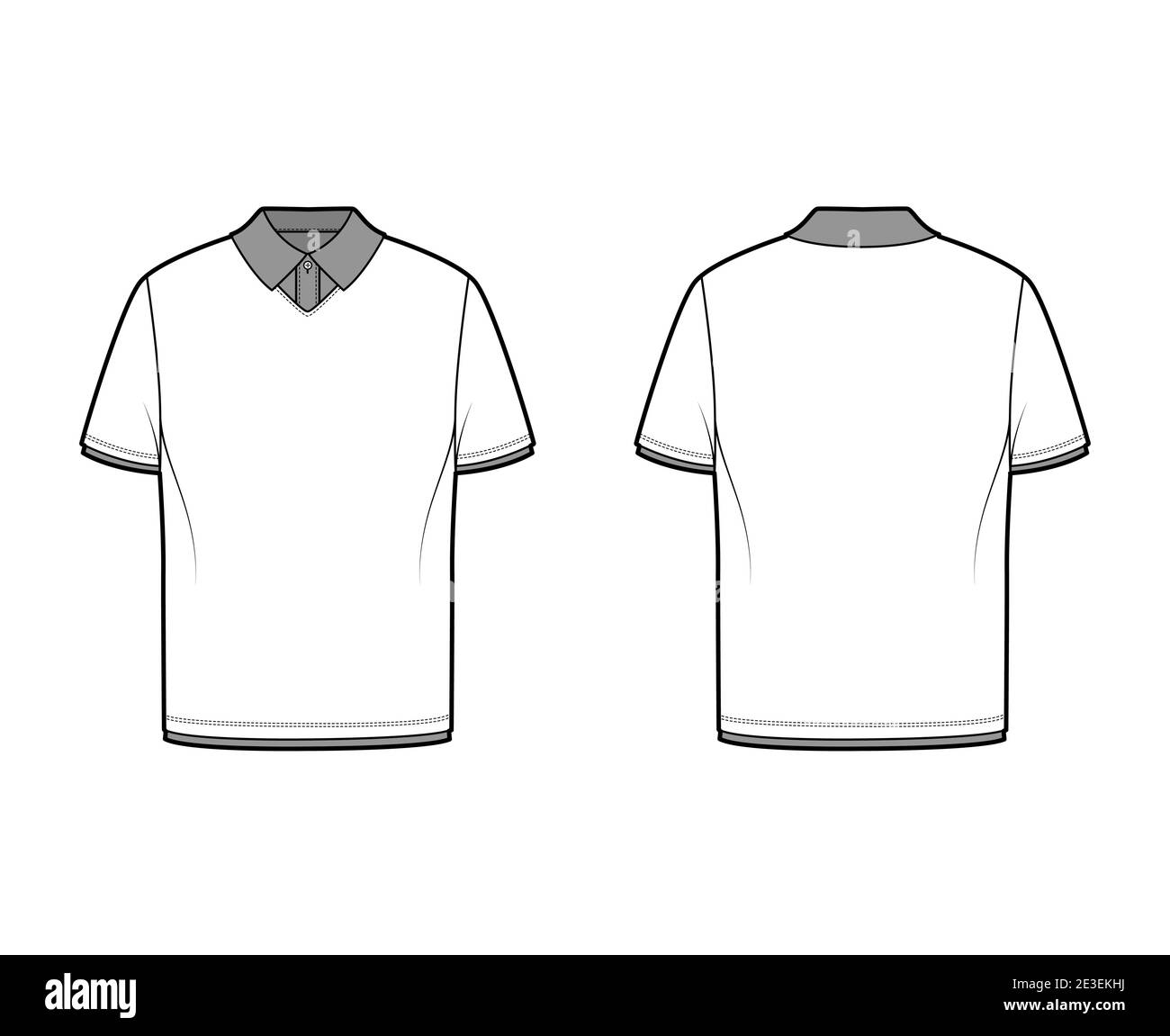 Double t-shirt technical fashion illustration with short sleeves, tunic length, henley neck, oversized, flat knit collar. Apparel top outwear template front, back, white color. Women men CAD mockup Stock Vector