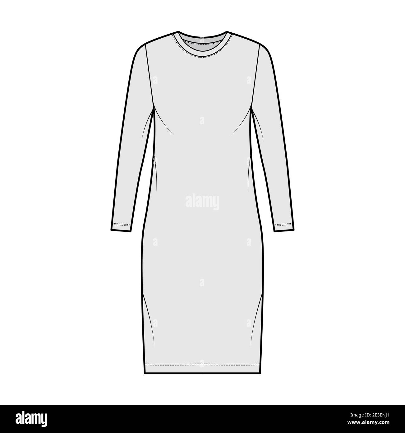 T-shirt dress technical fashion illustration with crew neck, long sleeves, knee length, oversized, Pencil fullness. Flat apparel template front, grey color. Women, men, unisex CAD mockup Stock Vector