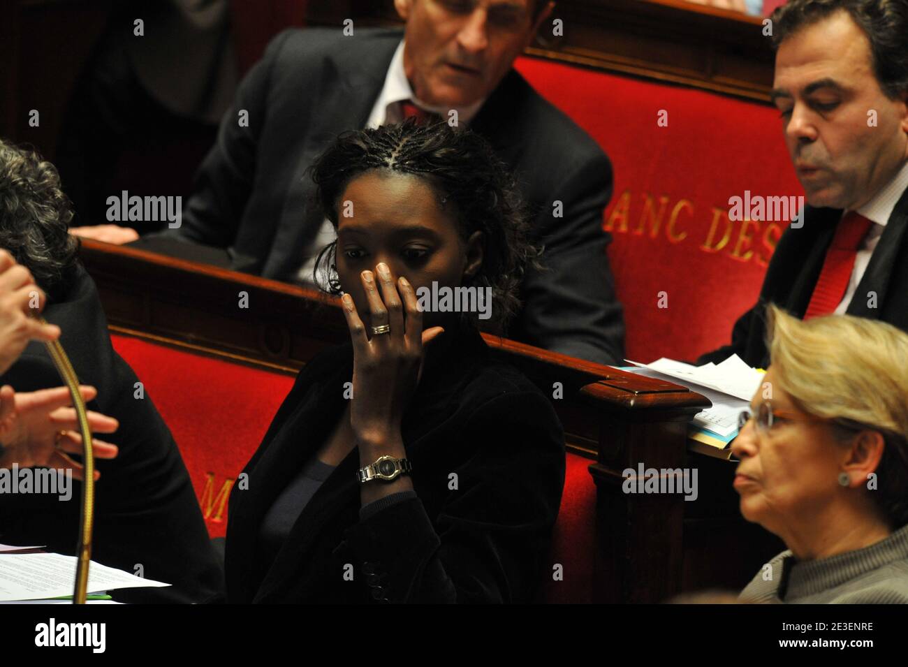Rama Yade poses during the weekly session at the National Assembly in Paris, France, on February 3, 2009. Photo by Mousse/ABACAPRESS.COM Stock Photo