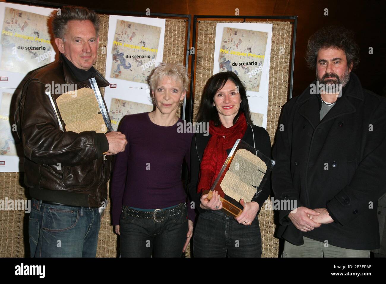 Tonie Marshall with Winners Benoit Delepine, Marion Laine and Gustave Kervern pose during the 'Prix Jacques Prevert' held at Casino de Paris in Paris, France on February 4, 2009. Photo by Denis Guignebourg/ABACAPRESS.COM Stock Photo