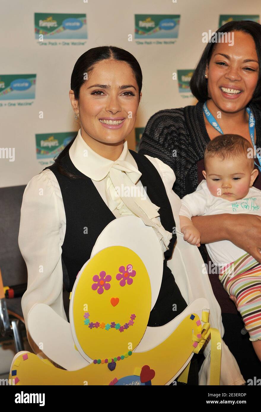 Actress Salma Hayek launches the 2nd year of the 'One Pack = One Vaccine' campaign, a partnership between Pampers & UNICEF that provides life-saving vaccines to help eliminate Maternal and Neonatal Tetanus, at US Fund for UNICEF in New York City, NY, USA on February 5, 2009. Through May 1, 2009, for every specially marked pack of Pampers product purchased in the USA and Canada, Pampers will provide UNICEF with funding for one life-saving tetanus vaccine. Photo by Slaven Vlasic/ABACA Stock Photo
