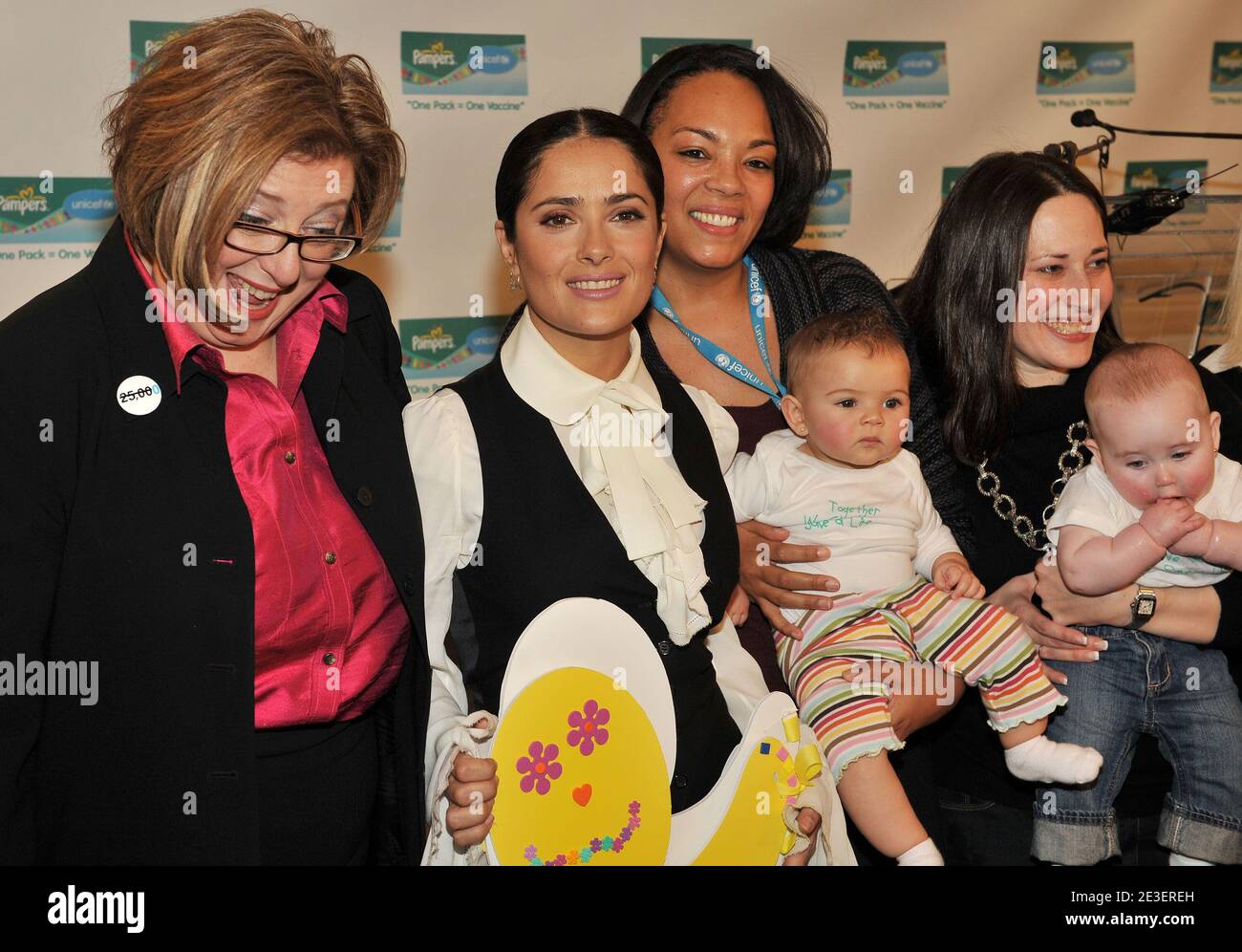 Actress Salma Hayek and Caryl Stern, President and CEO, U.S. Fund for UNICEF launch the 2nd year of the 'One Pack = One Vaccine' campaign, a partnership between Pampers & UNICEF that provides life-saving vaccines to help eliminate Maternal and Neonatal Tetanus, at US Fund for UNICEF in New York City, NY, USA on February 5, 2009. Through May 1, 2009, for every specially marked pack of Pampers product purchased in the USA and Canada, Pampers will provide UNICEF with funding for one life-saving tetanus vaccine. Photo by Slaven Vlasic/ABACA Stock Photo