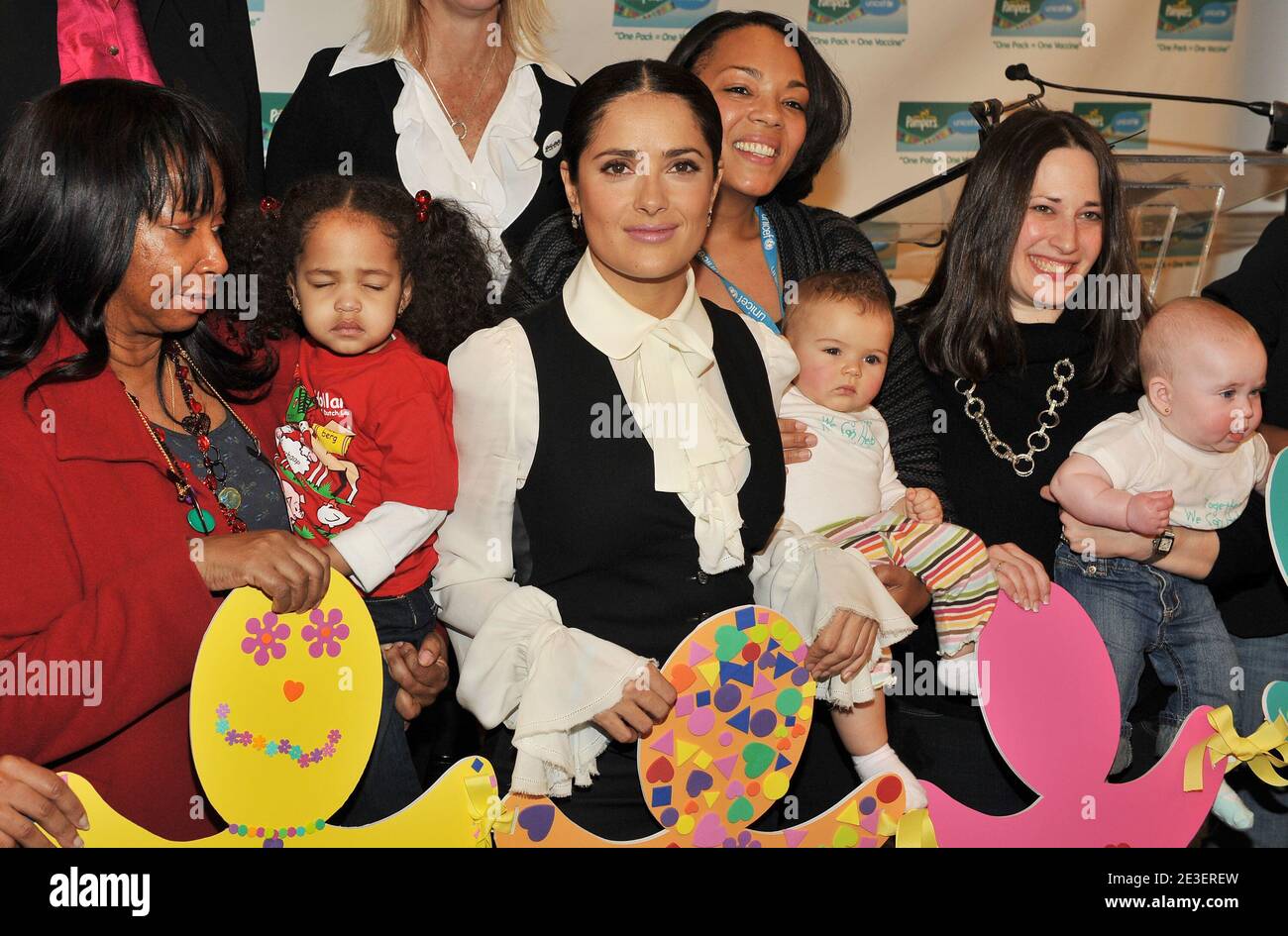 Actress Salma Hayek launches the 2nd year of the 'One Pack = One Vaccine' campaign, a partnership between Pampers & UNICEF that provides life-saving vaccines to help eliminate Maternal and Neonatal Tetanus, at US Fund for UNICEF in New York City, NY, USA on February 5, 2009. Through May 1, 2009, for every specially marked pack of Pampers product purchased in the USA and Canada, Pampers will provide UNICEF with funding for one life-saving tetanus vaccine. Photo by Slaven Vlasic/ABACA Stock Photo