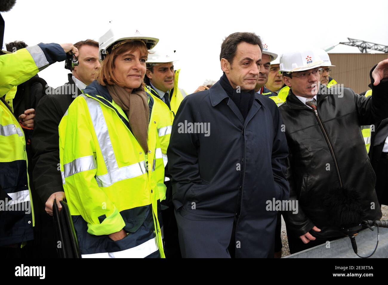 French president Nicolas Sarkozy , CEO of French energy company EDF Pierre Gadonneix, AREVA's CEO Anne Lauvergeon and Nuclear ingeenering Bernard Salha visit Flamanville EPR 3 Nuclear Power Plant, at Flamanville, on the Cotentin Peninsula, France, on February 6, 2009. Photo by Nicolas Gouhier/ABACAPRESS.COM Stock Photo