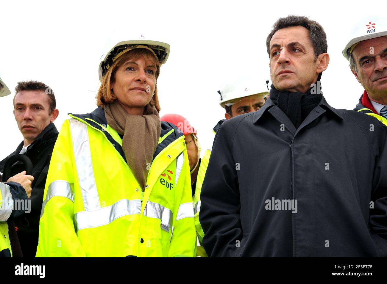 French president Nicolas Sarkozy , CEO of French energy company EDF Pierre Gadonneix, AREVA's CEO Anne Lauvergeon visit Flamanville EPR 3 Nuclear Power Plant, at Flamanville, on the Cotentin Peninsula, France, on February 6, 2009. Photo by Nicolas Gouhier/ABACAPRESS.COM Stock Photo
