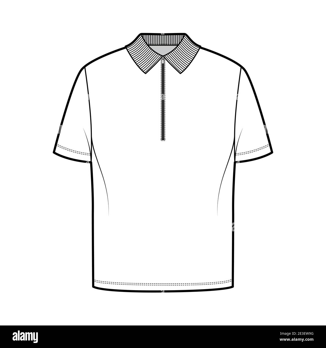 Shirt zip polo technical fashion illustration with short sleeves, tunic length, henley neck, oversized, flat knit collar. Apparel top outwear template front, white color. Women men unisex CAD mockup Stock Vector