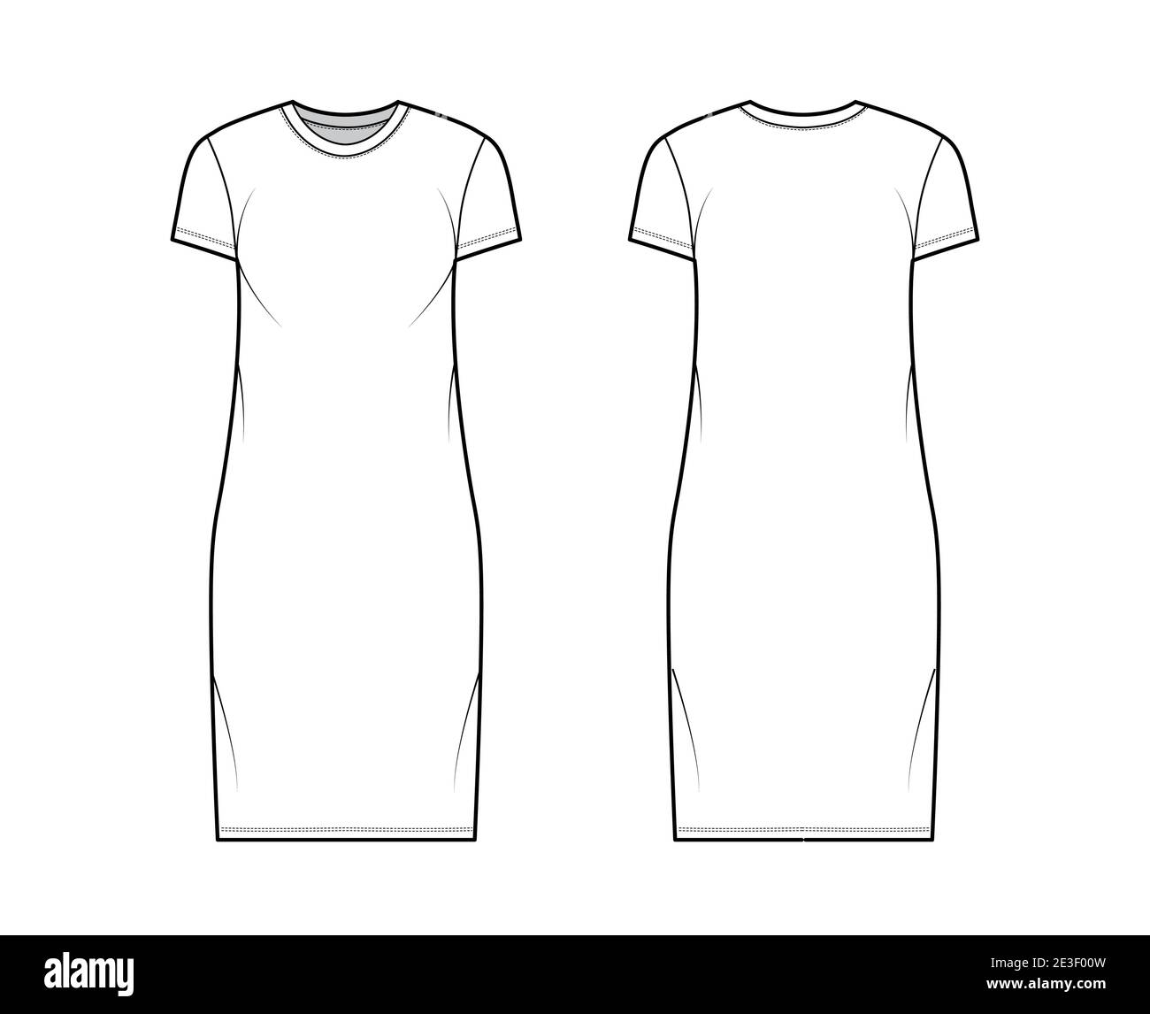T-shirt dress technical fashion illustration with crew neck, short ...