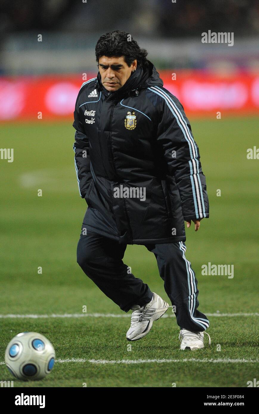 Argentinian national football team coach Diego Maradona during the  International Friendly Soccer match, France vs Argentina at the velodrome  Stadium in Marseille, France on February 11, 2009. Argentina won 2-0. Photo  by