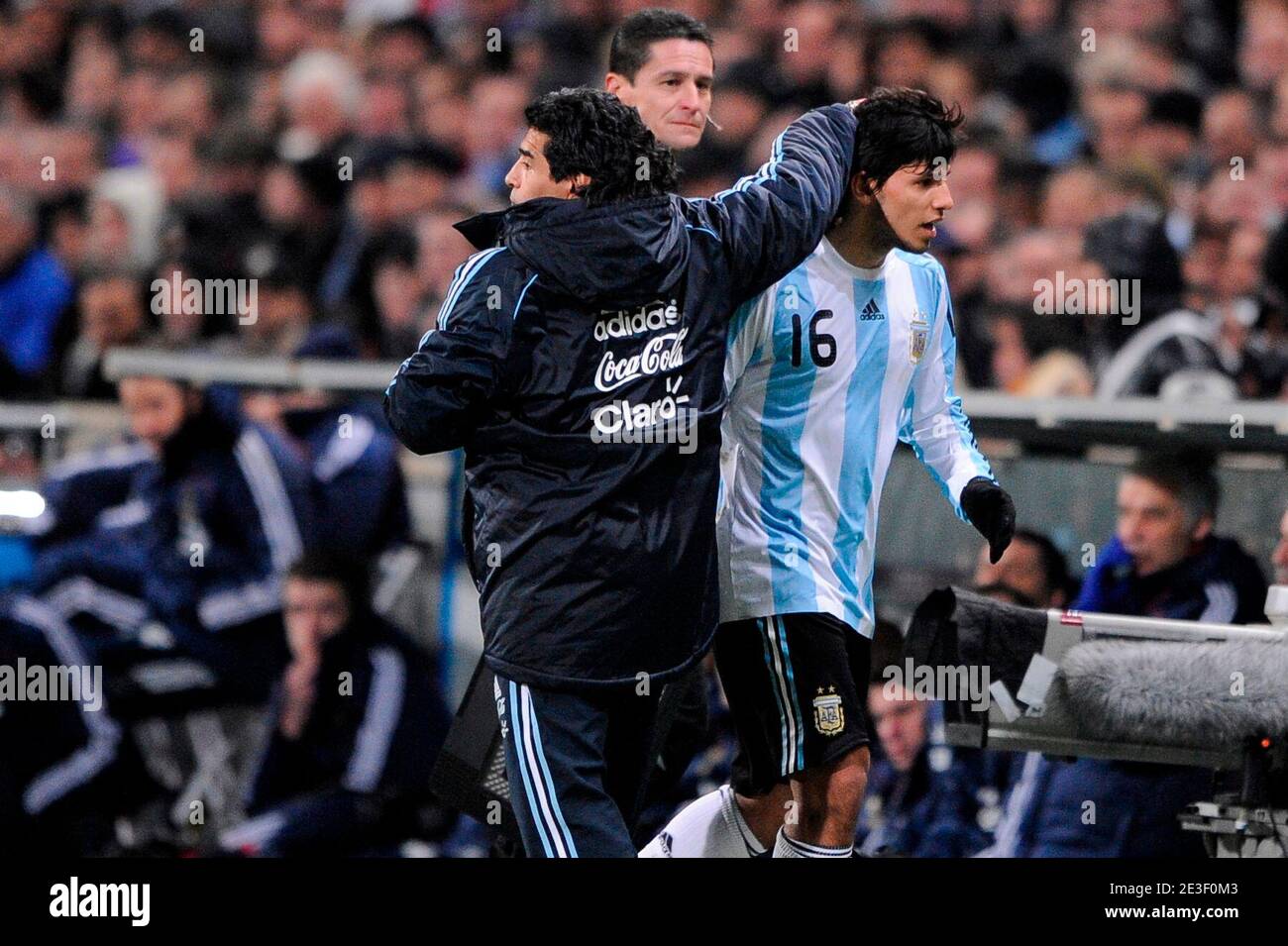 Diego Maradona, coach of Argentina congratulates his son in law Sergio Aguero during the friendly international soccer match France vs Argentina in Marseille, France on February 11, 2009.Argentina won 2-0. Photo by Henri Szwarc-Cameleon-ABACAPRESS.COM Stock Photo