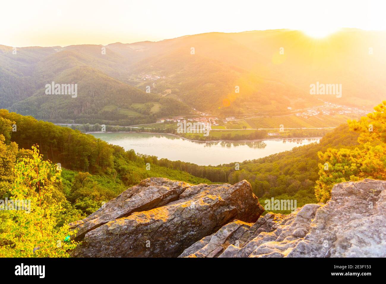 Sunset in Wachau Valley with Danube River, Austria. Stock Photo