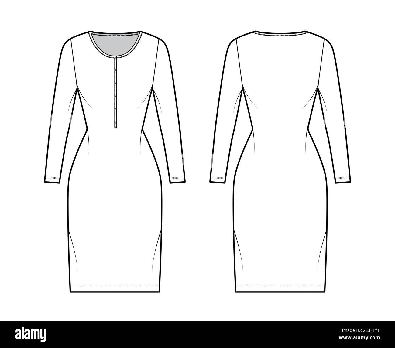 Shirt dress technical fashion illustration with henley neck, long sleeves, knee length, fitted body, Pencil fullness. Flat apparel template front, back, white color. Women, men, unisex CAD mockup Stock Vector
