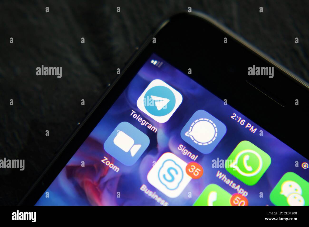 Telegram mobile app icon is seen on a smartphone. Telegram is a microblogging and social networking service on which users post interact with messages Stock Photo