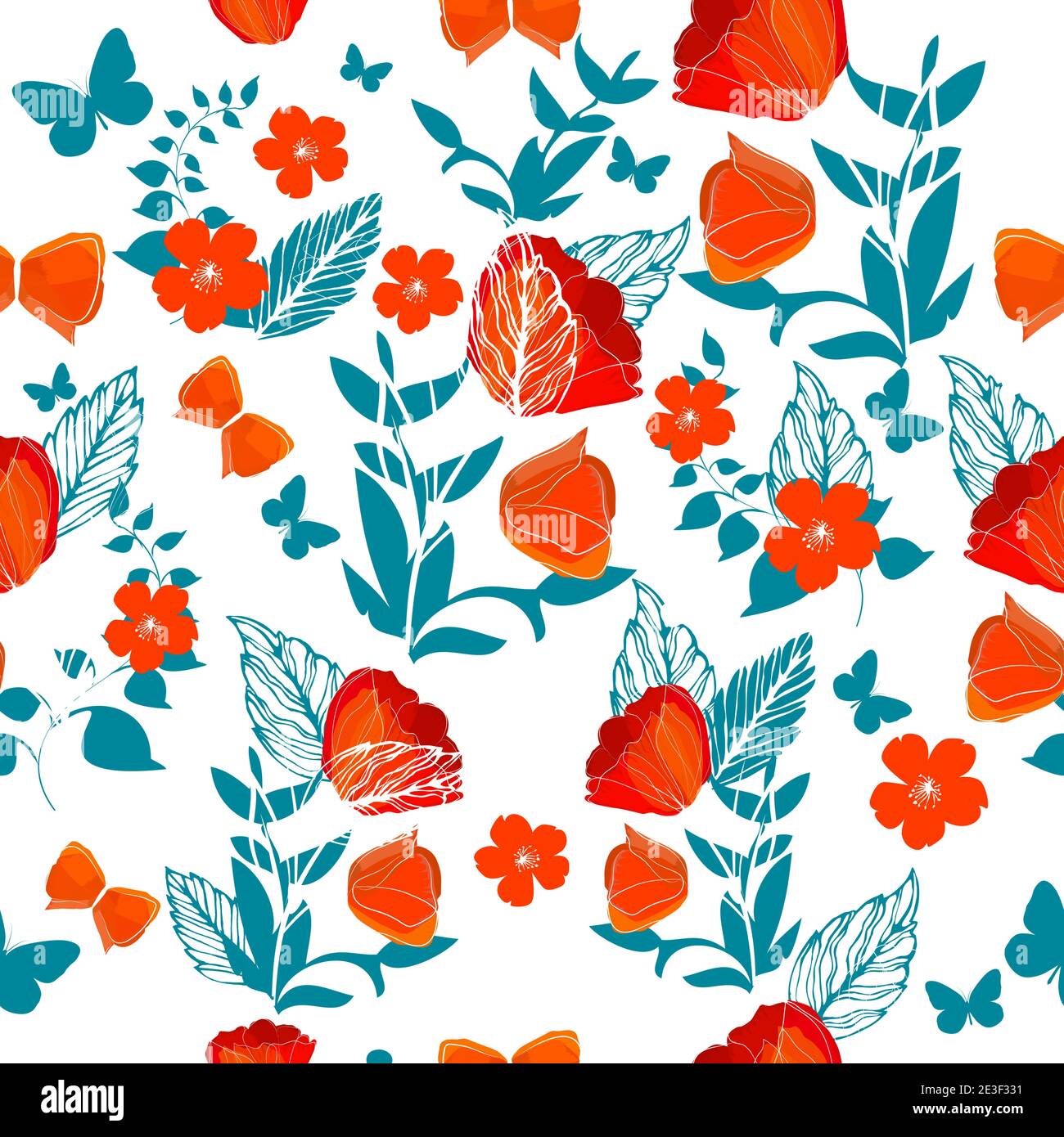 A seamless background with red and blue flowers and leaves. Print with ...